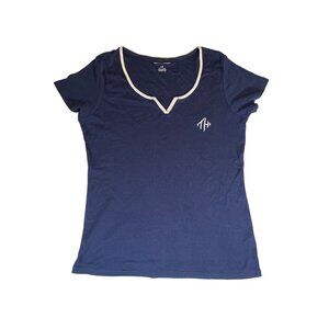 Tommy Hilfiger Womens Navy Top With Ivory Trim & Embroidered Logo Size L